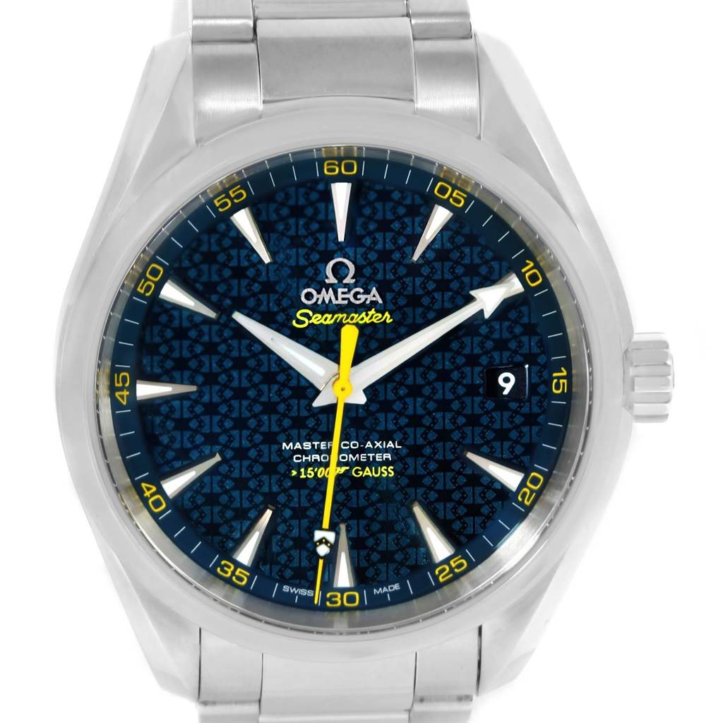 This Omega Aqua Terra 231.10.42.21.03.004 Men
s Stainless Steel Blue Dial 231.10.42.21.03.004 Men
s Stainless Steel Blue Dial watch is shown from a front angle, highlighting its face, bezel, dial, and bracelet.