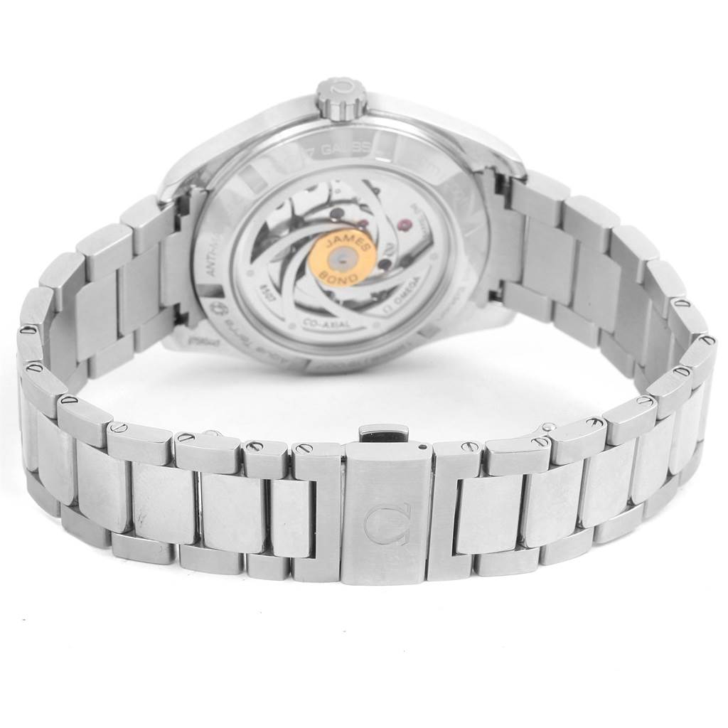 The image shows the back and bracelet of the Omega Aqua Terra 231.10.42.21.03.004 Men
s Stainless Steel Blue Dial 231.10.42.21.03.004 Men
s Stainless Steel Blue Dial watch, highlighting its clasp and movement.