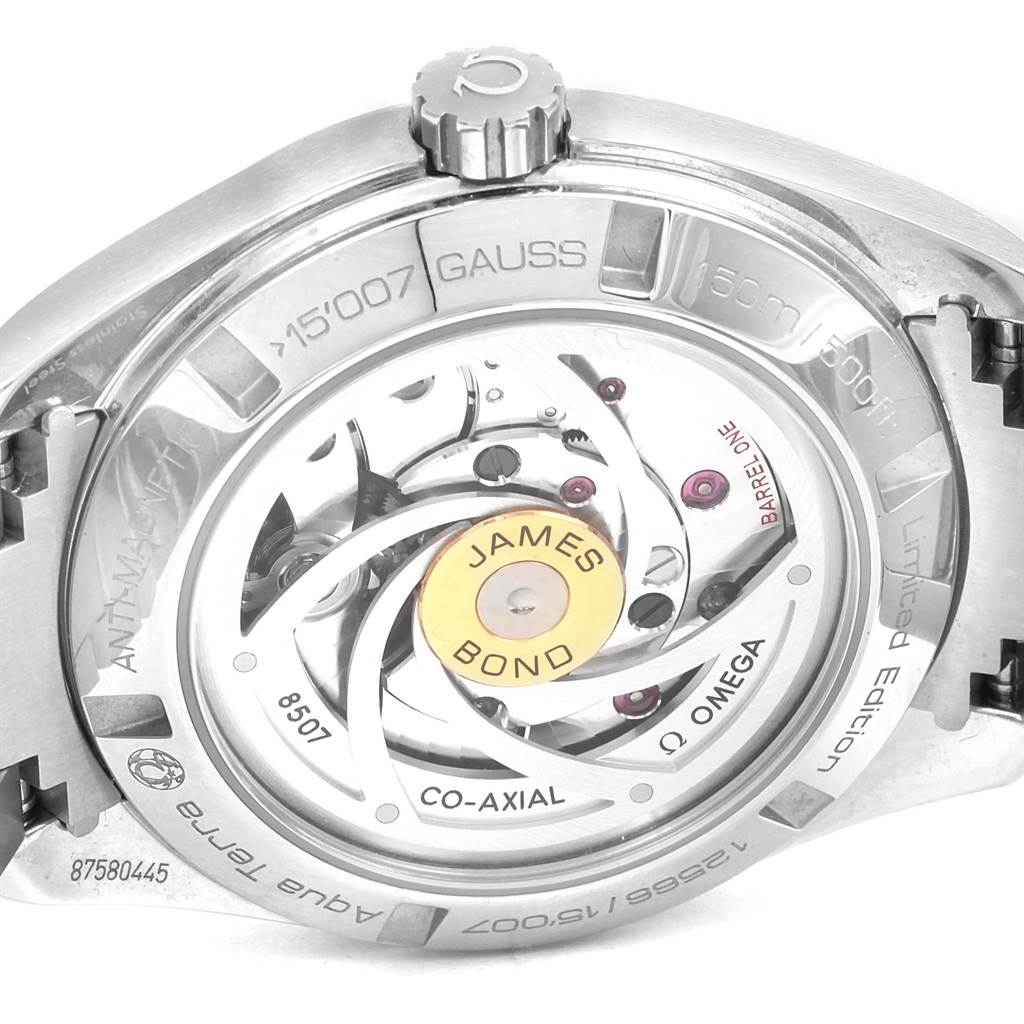 The image shows the back of an Omega Aqua Terra 231.10.42.21.03.004 Men
s Stainless Steel Blue Dial 231.10.42.21.03.004 Men
s Stainless Steel Blue Dial watch, highlighting its movement and inscriptions.