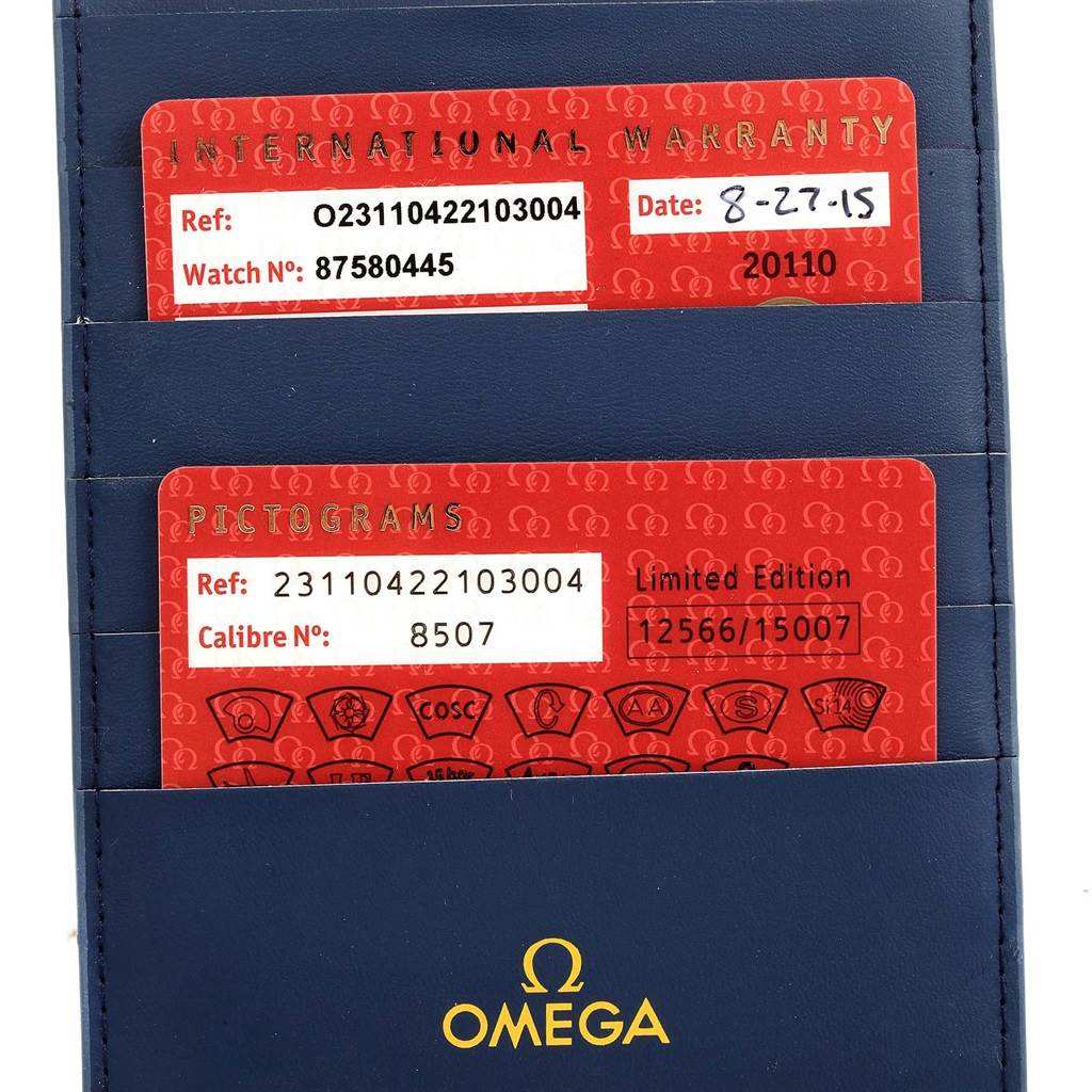 The image shows the warranty and pictogram cards for the Omega Aqua Terra 231.10.42.21.03.004 Men
s Stainless Steel Blue Dial 231.10.42.21.03.004 Men
s Stainless Steel Blue Dial model watch.