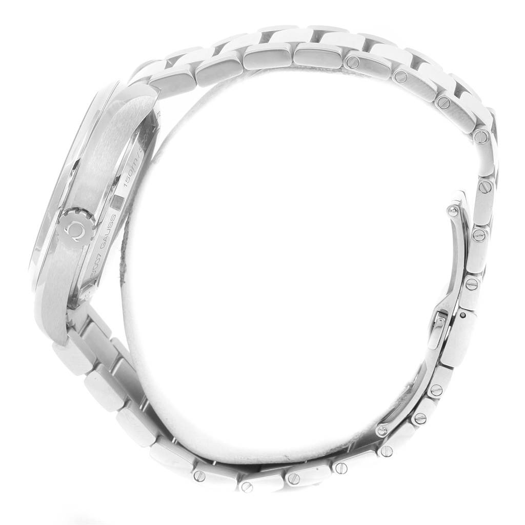 The Omega Aqua Terra 231.10.42.21.03.004 Men
s Stainless Steel Blue Dial 231.10.42.21.03.004 Men
s Stainless Steel Blue Dial watch is shown from a side angle, displaying its bracelet and crown clearly.