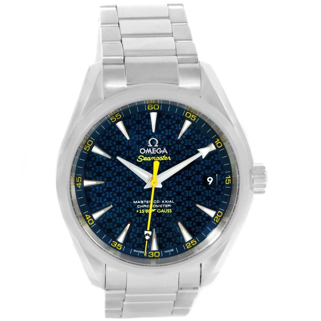 The image shows a front view of the Omega Seamaster Aqua Terra watch, featuring its dial, hands, and stainless steel bracelet.