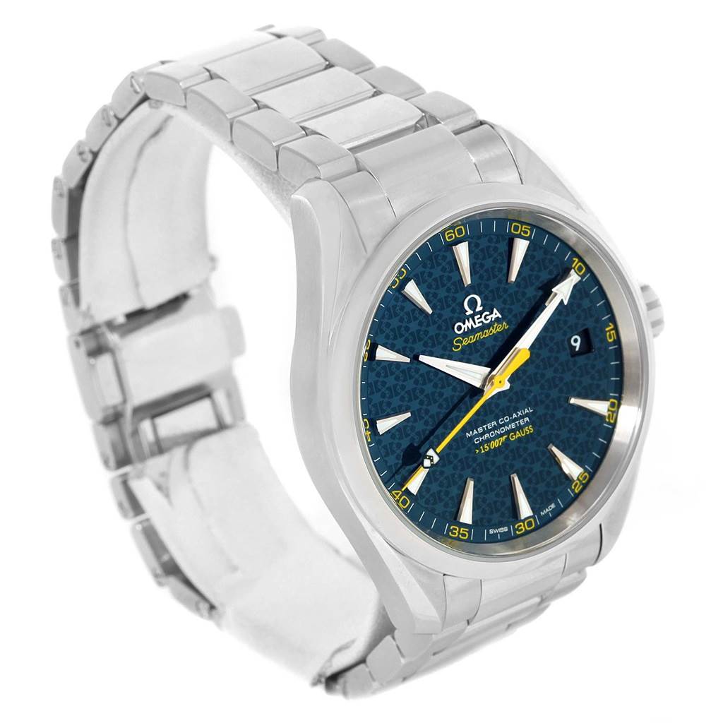 The image shows an Aqua Terra model by Omega from a front angle, depicting its blue dial, silver case, and bracelet.