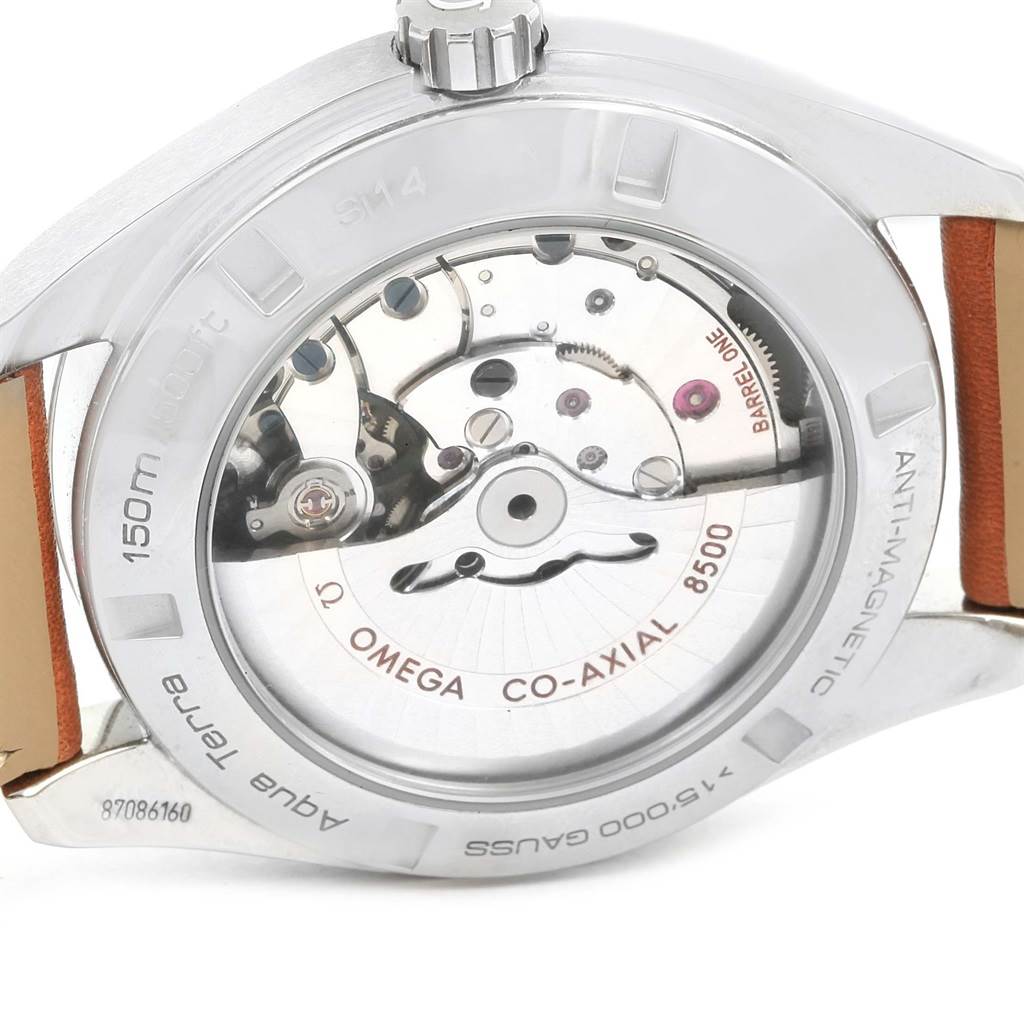 This is the underside view of the Omega Aqua Terra 231.12.42.21.01.002 Men
s Stainless Steel Black Dial 231.12.42.21.01.002 Men
s Stainless Steel Black Dial
s caseback, displaying its internal mechanism and inscriptions.