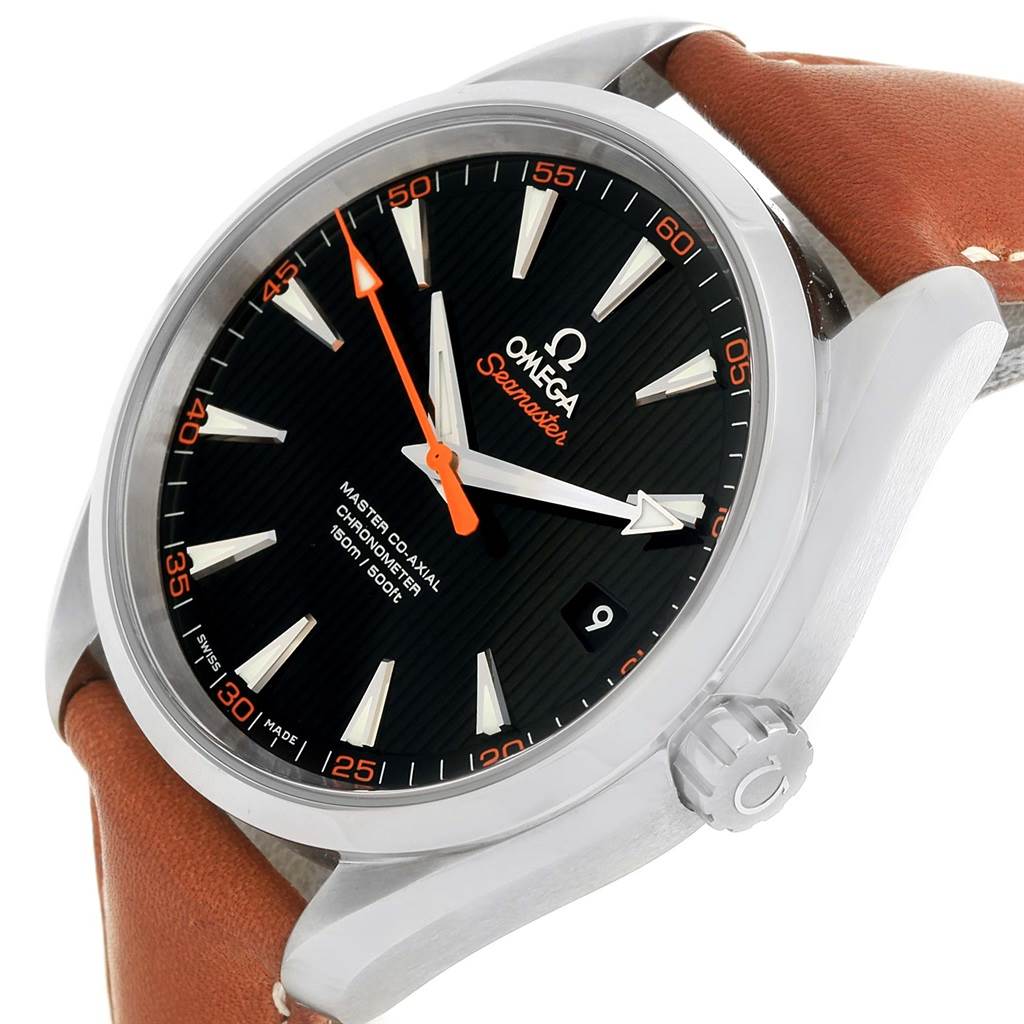 The Omega Aqua Terra 231.12.42.21.01.002 Men
s Stainless Steel Black Dial 231.12.42.21.01.002 Men
s Stainless Steel Black Dial watch is shown at an angle highlighting its black dial, orange hand, silver markers, a date window, and brown leather strap.