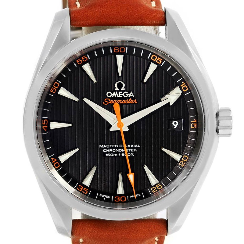 The image depicts a frontal view of an Omega Seamaster Aqua Terra watch, showing the face, hands, bezel, and part of the strap.