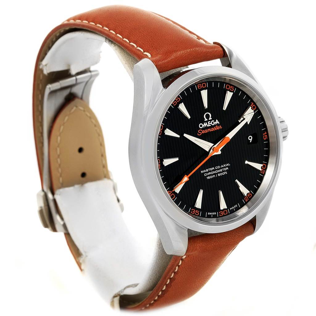 The Omega Aqua Terra 231.12.42.21.01.002 Men
s Stainless Steel Black Dial 231.12.42.21.01.002 Men
s Stainless Steel Black Dial watch is shown from a front angle, highlighting its face, bezel, and brown leather strap.