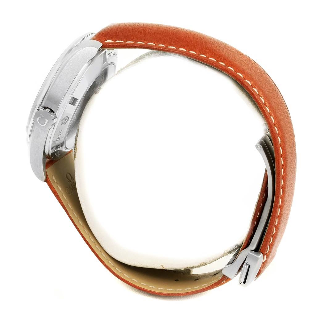 This image shows a side view of the Omega Aqua Terra 231.12.42.21.01.002 Men
s Stainless Steel Black Dial 231.12.42.21.01.002 Men
s Stainless Steel Black Dial watch, focusing on the crown and leather strap.