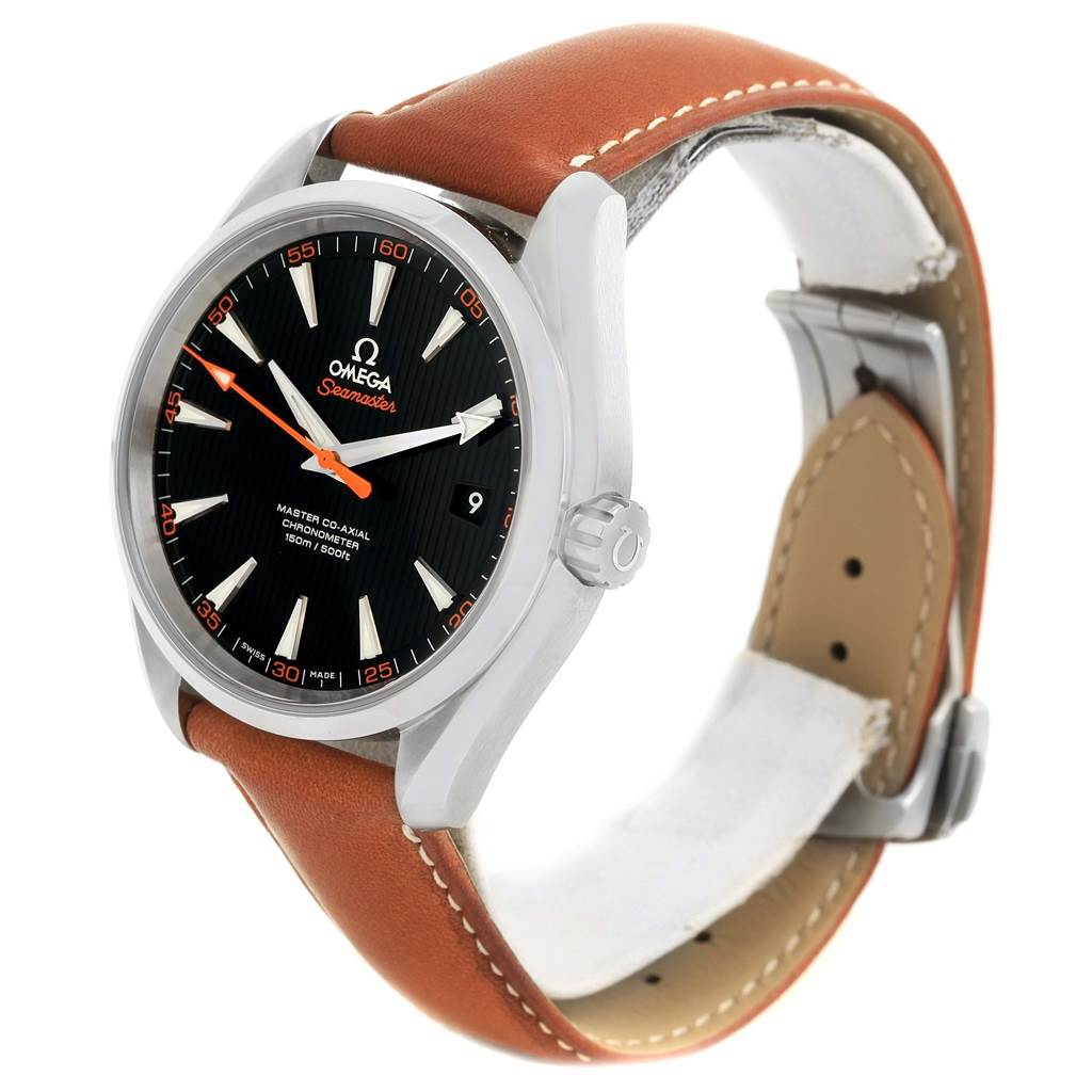 The Omega Aqua Terra 231.12.42.21.01.002 Men
s Stainless Steel Black Dial 231.12.42.21.01.002 Men
s Stainless Steel Black Dial watch is shown at a three-quarter angle, highlighting the dial, bezel, crown, and leather strap.