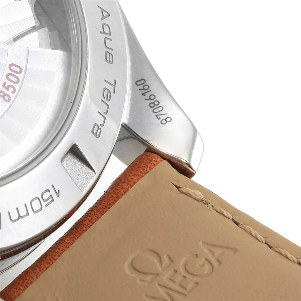 The image shows the back portion of the Omega Aqua Terra 231.12.42.21.01.002 Men
s Stainless Steel Black Dial 231.12.42.21.01.002 Men
s Stainless Steel Black Dial watch and part of its leather strap.