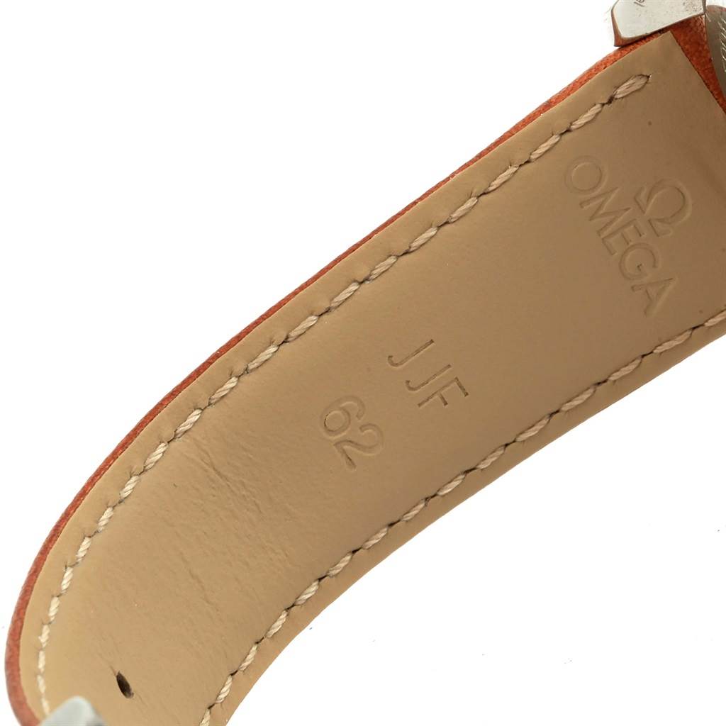 This image shows the underside of a leather strap for the Omega Aqua Terra 231.12.42.21.01.002 Men
s Stainless Steel Black Dial 231.12.42.21.01.002 Men
s Stainless Steel Black Dial model watch.