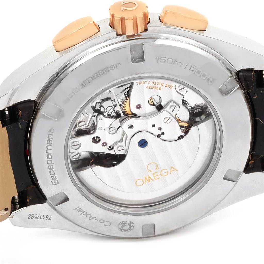 This image shows the case back and movement of the Omega Aqua Terra 231.23.44.50.06.001 Men's Steel and Gold (two tone) Grey Dial 231.23.44.50.06.001 Men's Steel and Gold (two tone) Grey Dial watch.