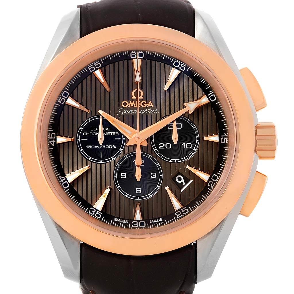 The image shows a frontal view of the Omega Aqua Terra 231.23.44.50.06.001 Men's Steel and Gold (two tone) Grey Dial 231.23.44.50.06.001 Men's Steel and Gold (two tone) Grey Dial watch, highlighting its bezel, dial, hands, and sub-dials.