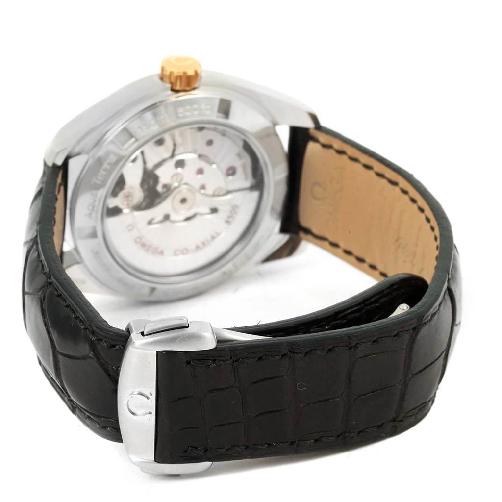 The image shows the back view of the Omega Aqua Terra 231.23.39.21.55.002 Men's Steel and Gold (two tone) Mother of Pearl Dial 231.23.39.21.55.002 Men's Steel and Gold (two tone) Mother of Pearl Dial model watch, highlighting the movement and black leather strap.