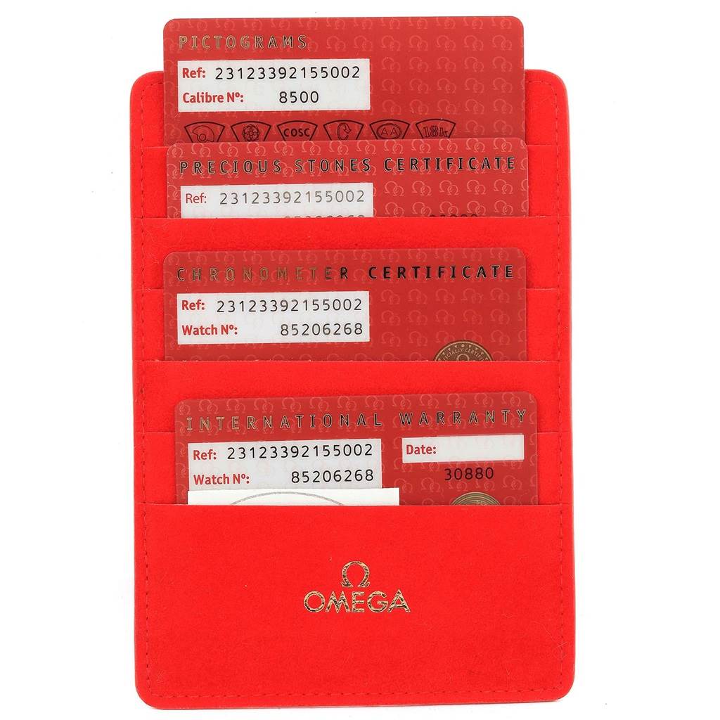 The image shows the Omega Aqua Terra 231.23.39.21.55.002 Men's Steel and Gold (two tone) Mother of Pearl Dial 231.23.39.21.55.002 Men's Steel and Gold (two tone) Mother of Pearl Dial model's warranty and certification cards in a red Omega cardholder.