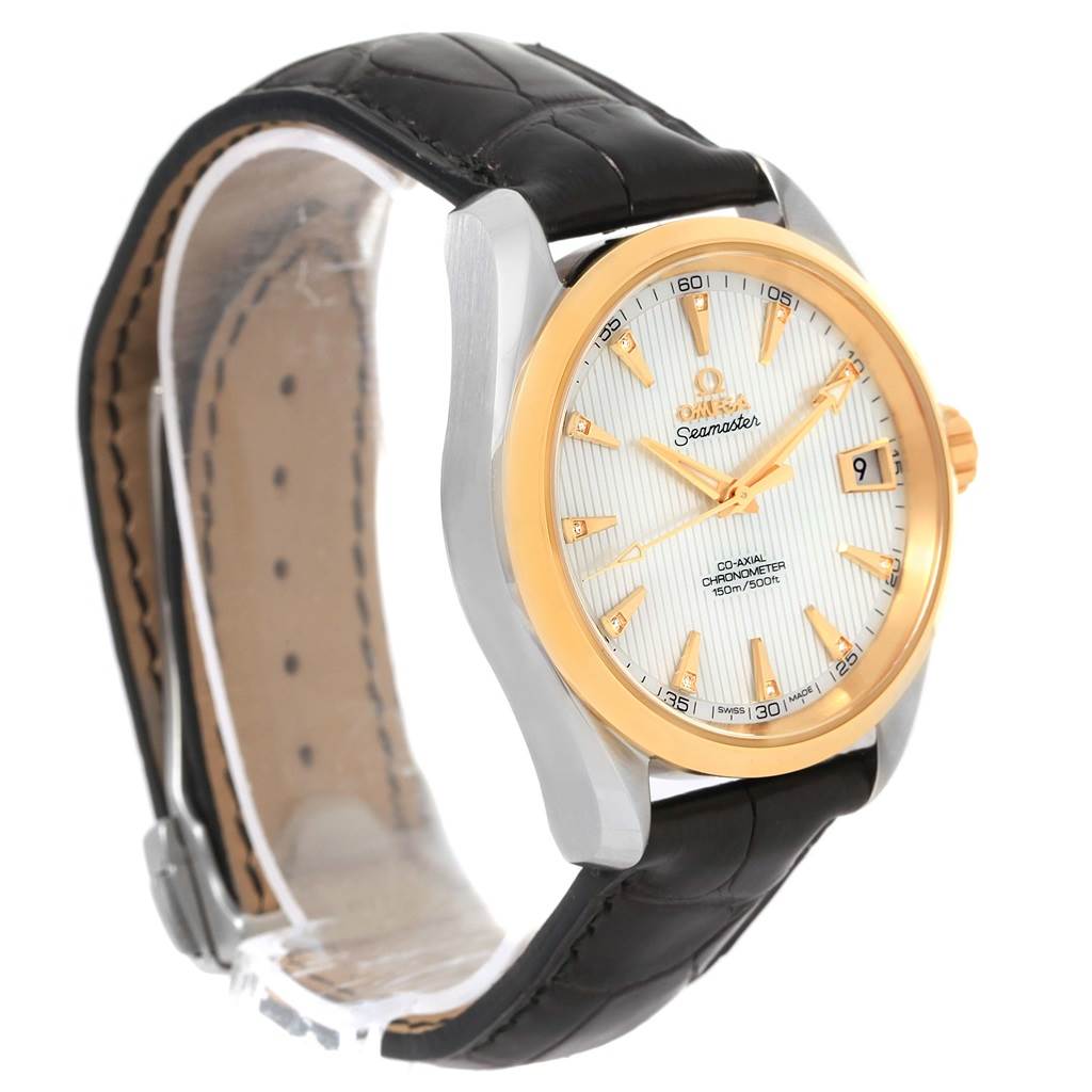 The Omega Aqua Terra 231.23.39.21.55.002 Men's Steel and Gold (two tone) Mother of Pearl Dial 231.23.39.21.55.002 Men's Steel and Gold (two tone) Mother of Pearl Dial watch is shown at a three-quarter angle, displaying its face, bezel, crown, and black leather strap.