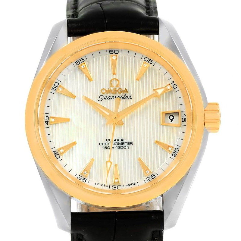 The image shows a front view of the Omega Aqua Terra watch, highlighting the dial, hands, date window, bezel, and part of the strap.