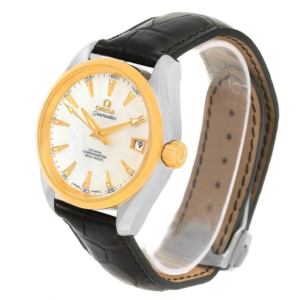 This image shows an Omega Aqua Terra 231.23.39.21.55.002 Men's Steel and Gold (two tone) Mother of Pearl Dial 231.23.39.21.55.002 Men's Steel and Gold (two tone) Mother of Pearl Dial watch at an oblique angle, revealing the dial, bezel, crown, and a portion of the strap.