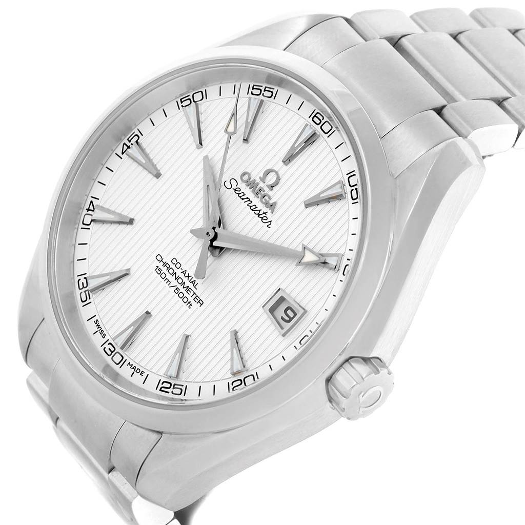 The Omega Aqua Terra 231.10.42.21.02.001 Men
s Stainless Steel Silver Dial 231.10.42.21.02.001 Men
s Stainless Steel Silver Dial watch is shown at an angle highlighting the face, bezel, crown, and part of the bracelet.