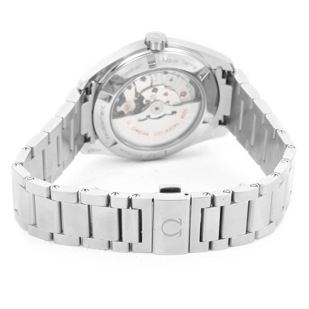 The image shows the back view of the Omega Aqua Terra 231.10.42.21.02.001 Men
s Stainless Steel Silver Dial 231.10.42.21.02.001 Men
s Stainless Steel Silver Dial watch, displaying its case back and metal bracelet.