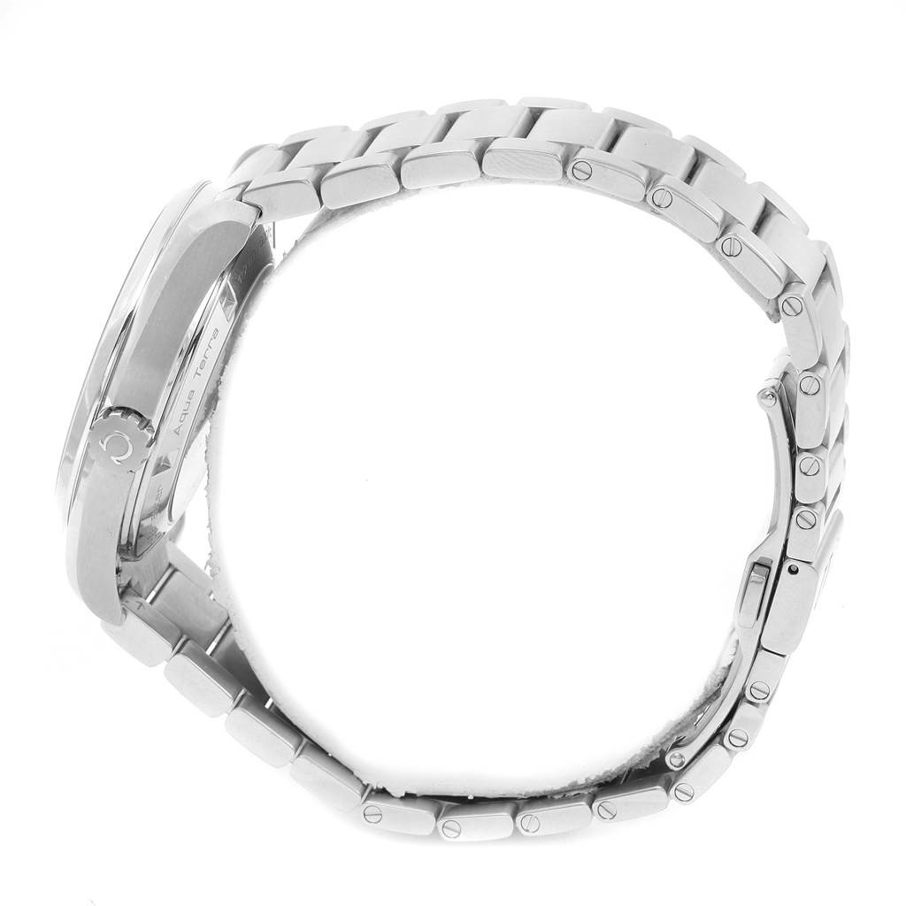 This image shows a side profile of the Omega Aqua Terra 231.10.42.21.02.001 Men
s Stainless Steel Silver Dial 231.10.42.21.02.001 Men
s Stainless Steel Silver Dial watch, highlighting its metal bracelet and clasp.