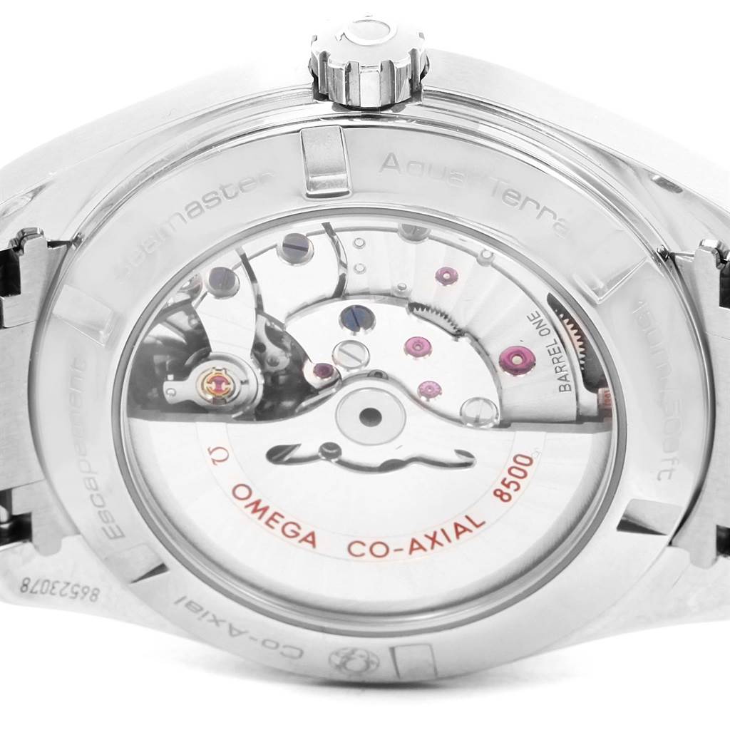 The image shows the back of the Omega Aqua Terra 231.10.42.21.02.001 Men
s Stainless Steel Silver Dial 231.10.42.21.02.001 Men
s Stainless Steel Silver Dial watch, highlighting the exposed Co-Axial 8500 movement.
