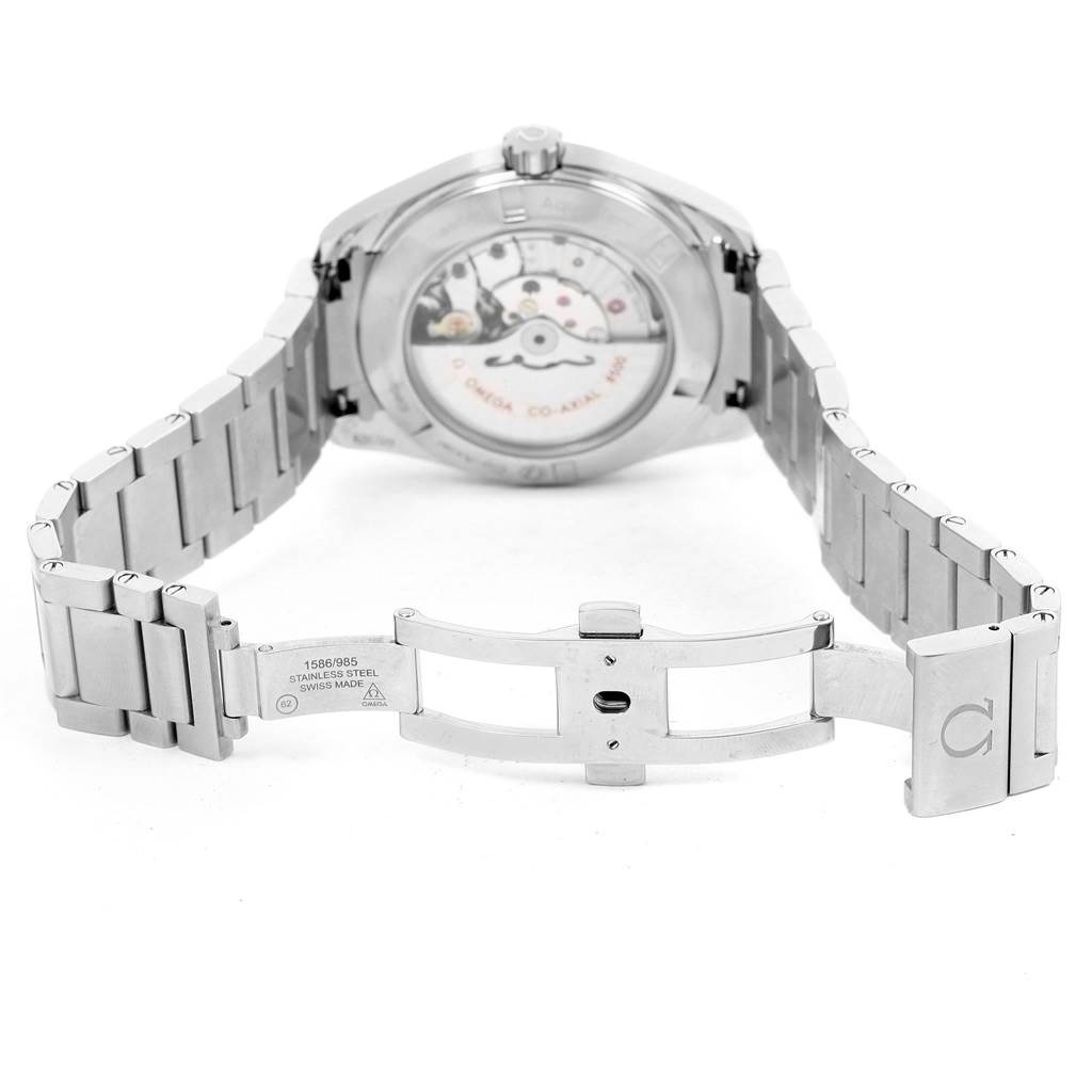 The image shows the back of an Omega Aqua Terra 231.10.42.21.02.001 Men
s Stainless Steel Silver Dial 231.10.42.21.02.001 Men
s Stainless Steel Silver Dial watch with the bracelet fully open.