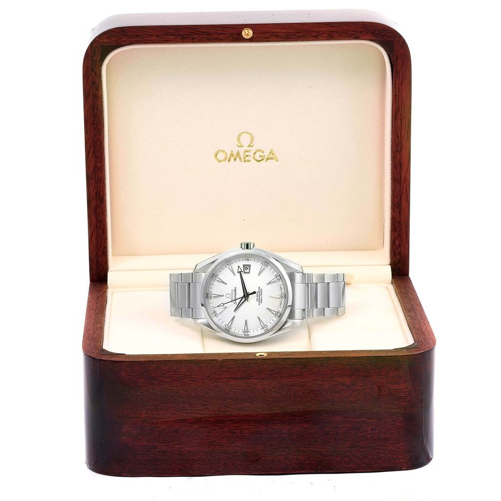 The Omega Aqua Terra 231.10.42.21.02.001 Men
s Stainless Steel Silver Dial 231.10.42.21.02.001 Men
s Stainless Steel Silver Dial watch is shown front-facing inside an open wooden display box.