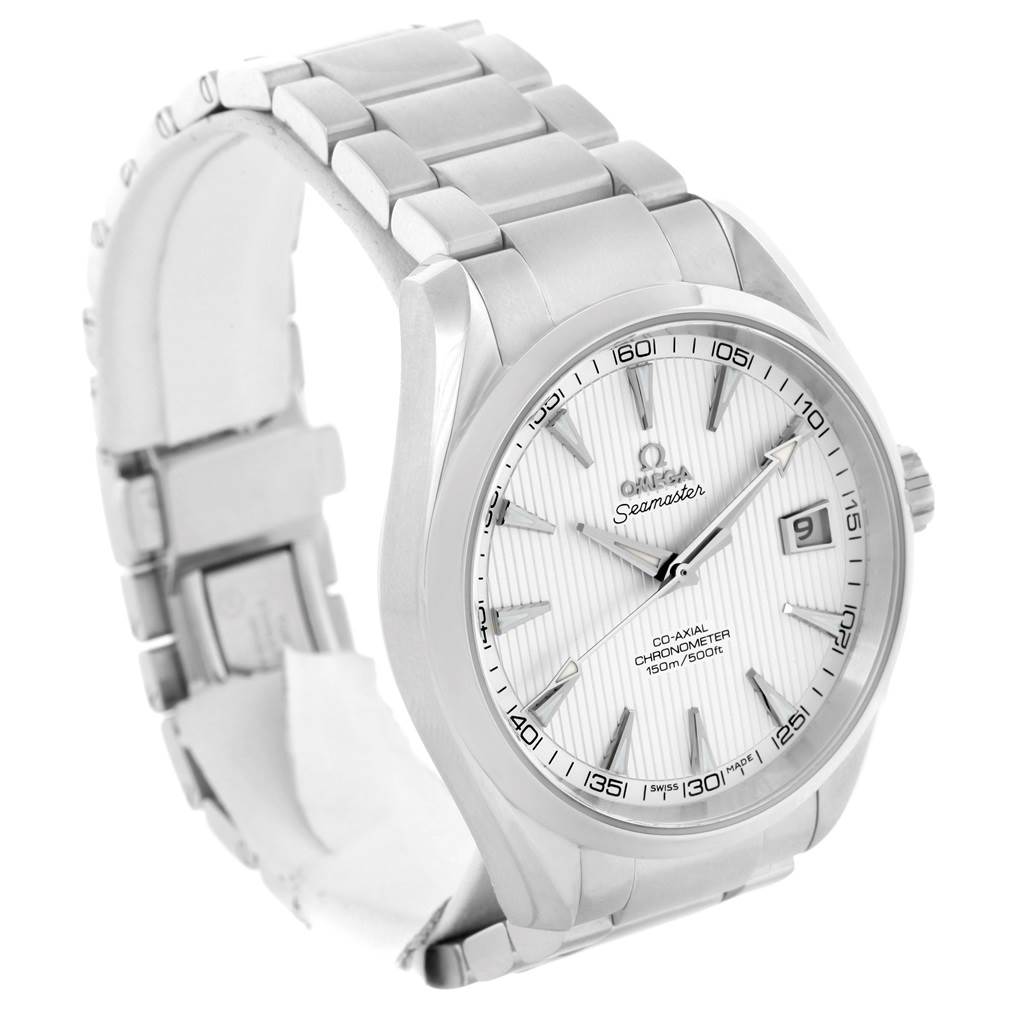 The Omega Aqua Terra 231.10.42.21.02.001 Men
s Stainless Steel Silver Dial 231.10.42.21.02.001 Men
s Stainless Steel Silver Dial watch is shown at a three-quarter angle, displaying its face, bracelet, and part of the clasp.