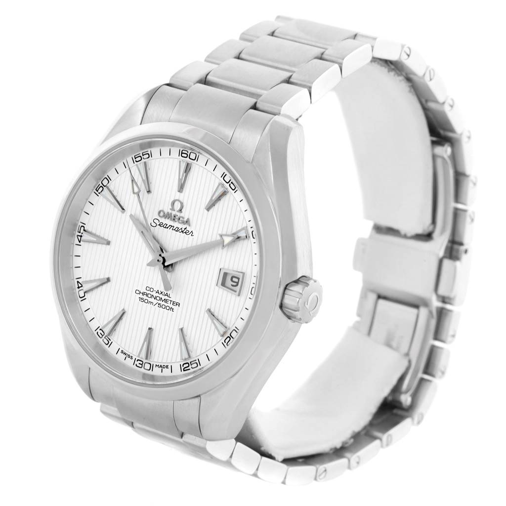 The image shows an Omega Aqua Terra 231.10.42.21.02.001 Men
s Stainless Steel Silver Dial 231.10.42.21.02.001 Men
s Stainless Steel Silver Dial watch at an angle, highlighting its face, bezel, crown, and part of the bracelet.