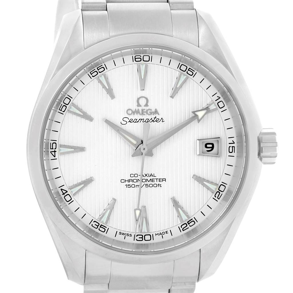 This image shows the front face of the Omega Seamaster Aqua Terra watch, including the dial, hands, date display, and part of the bracelet.
