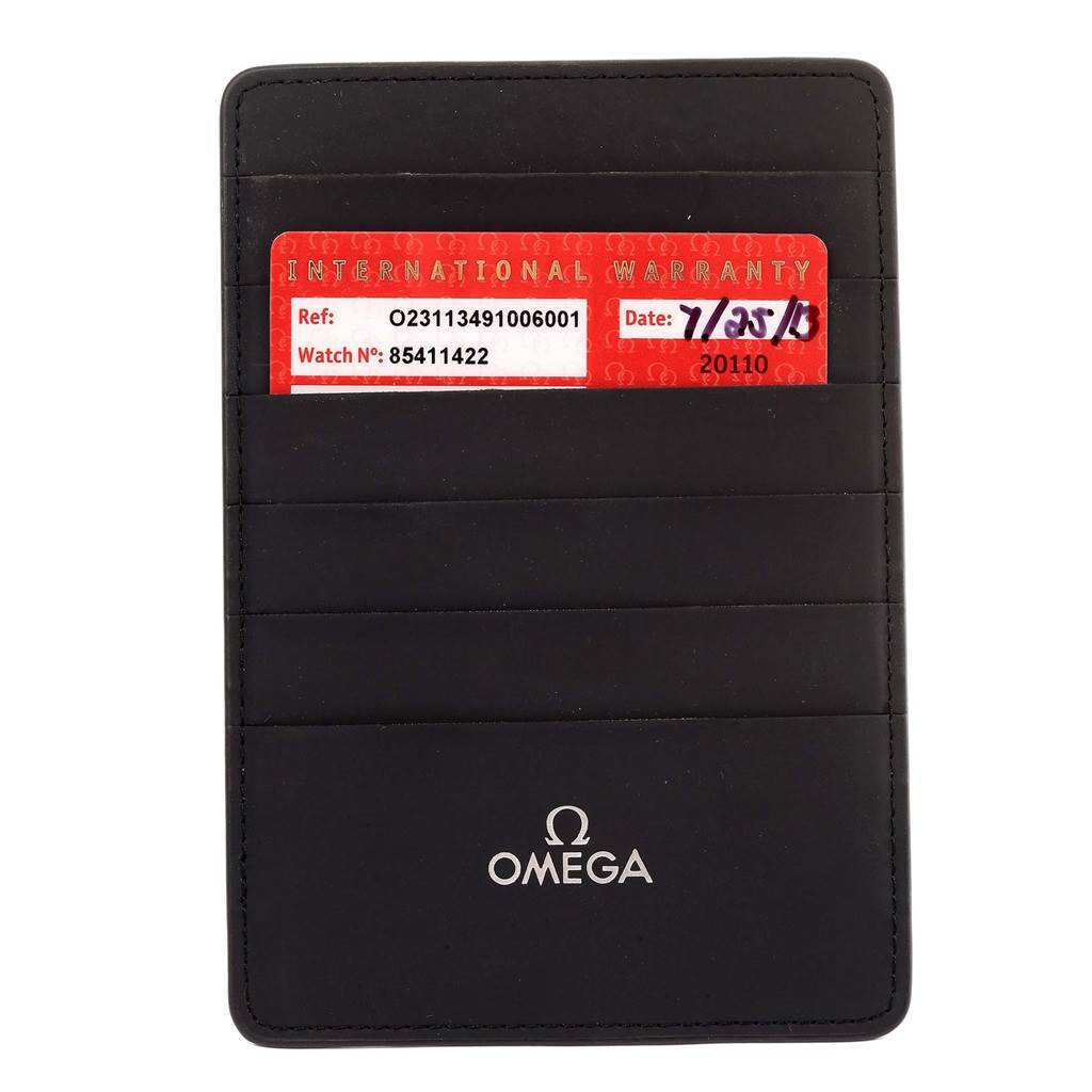 The image shows an international warranty card for the Omega Aqua Terra 231.13.49.10.06.001 Men
s Stainless Steel Grey Dial 231.13.49.10.06.001 Men
s Stainless Steel Grey Dial watch in a black Omega-branded cardholder.