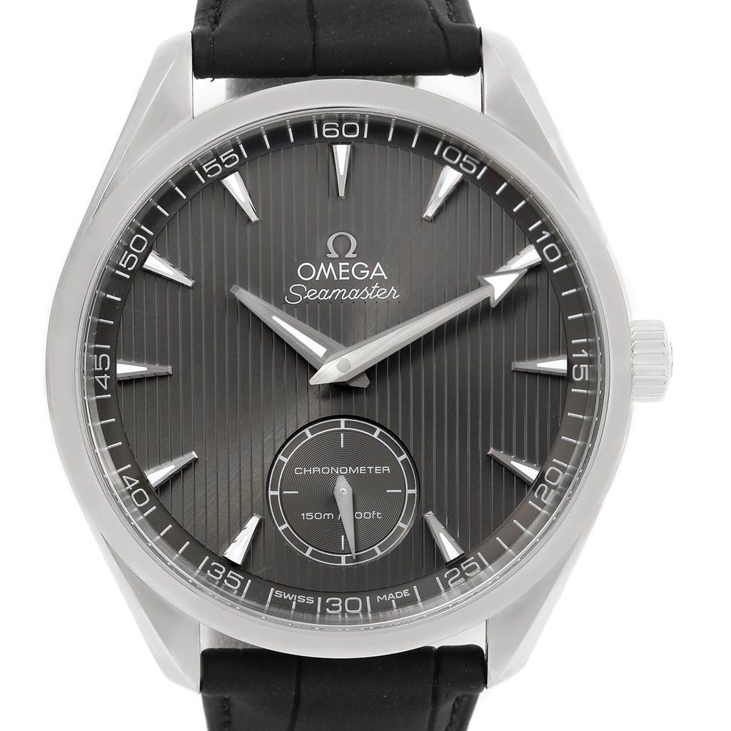 The image shows the front view of an Omega Seamaster Aqua Terra watch with a black dial and a black leather strap.