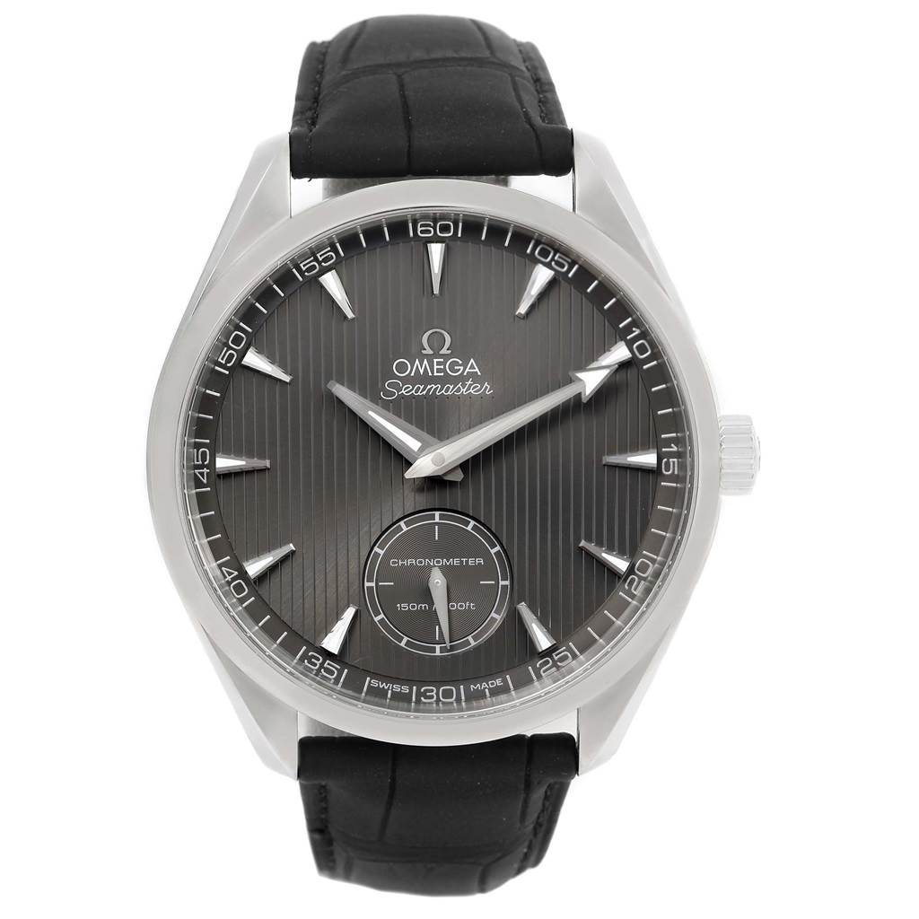 The image shows a front view of an Omega Seamaster Aqua Terra watch, highlighting its dial, hands, indices, and strap.