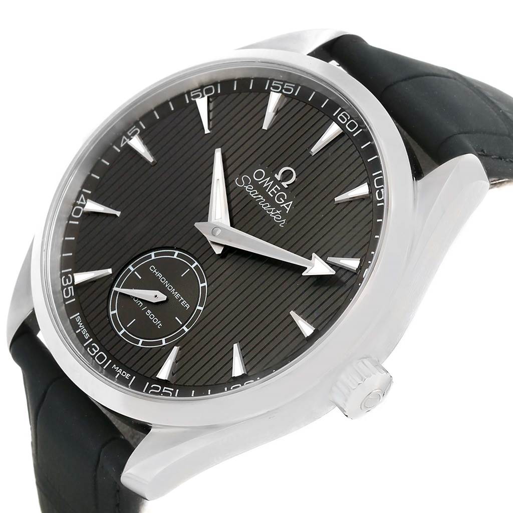 The image shows the Omega Aqua Terra 231.13.49.10.06.001 Men
s Stainless Steel Grey Dial 231.13.49.10.06.001 Men
s Stainless Steel Grey Dial watch at a slight angle, highlighting the black dial, markers, case, and part of the strap.