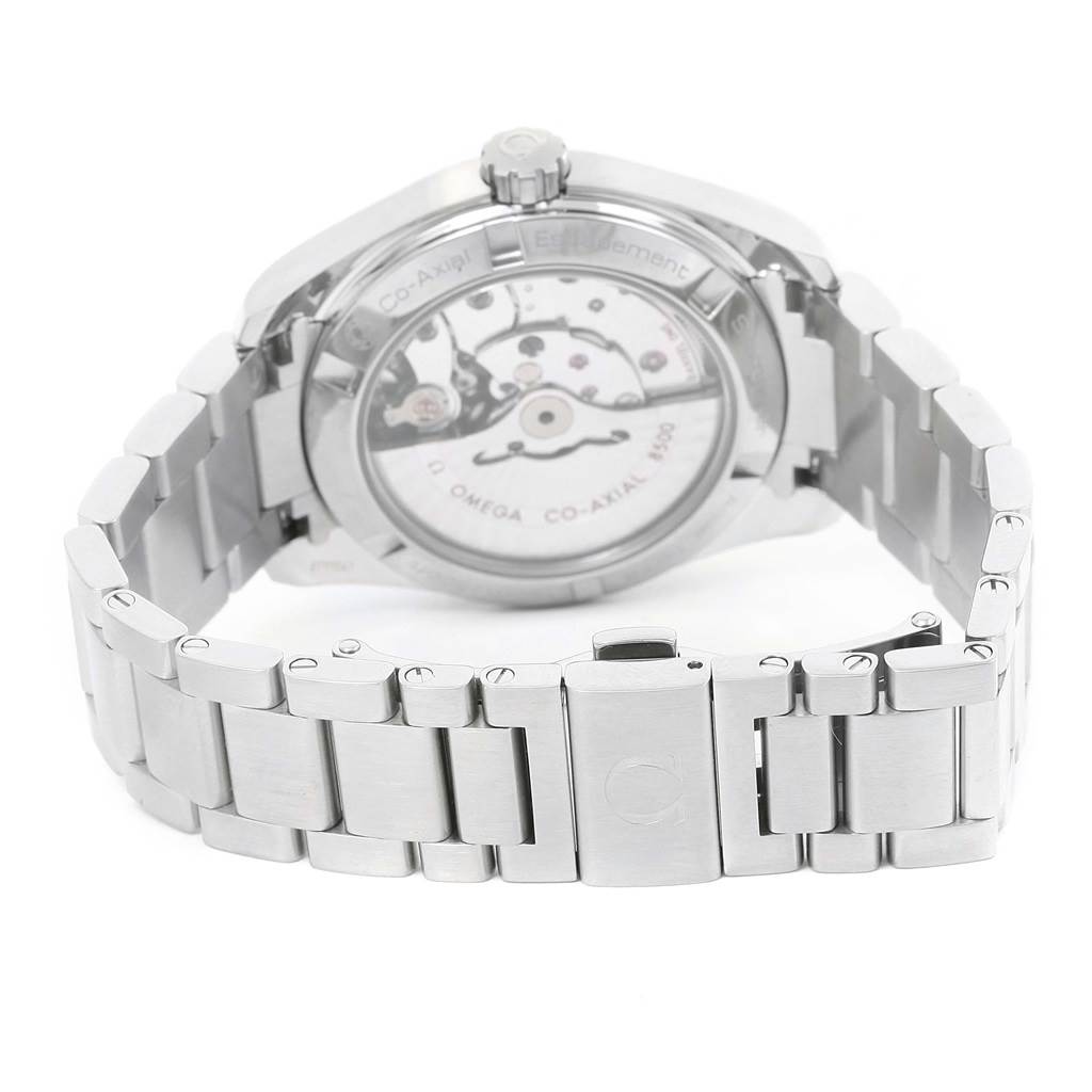 The image shows the back view of the Omega Aqua Terra 231.10.39.21.03.001 Men
s Stainless Steel Blue Dial 231.10.39.21.03.001 Men
s Stainless Steel Blue Dial watch, highlighting its movement and stainless steel bracelet.