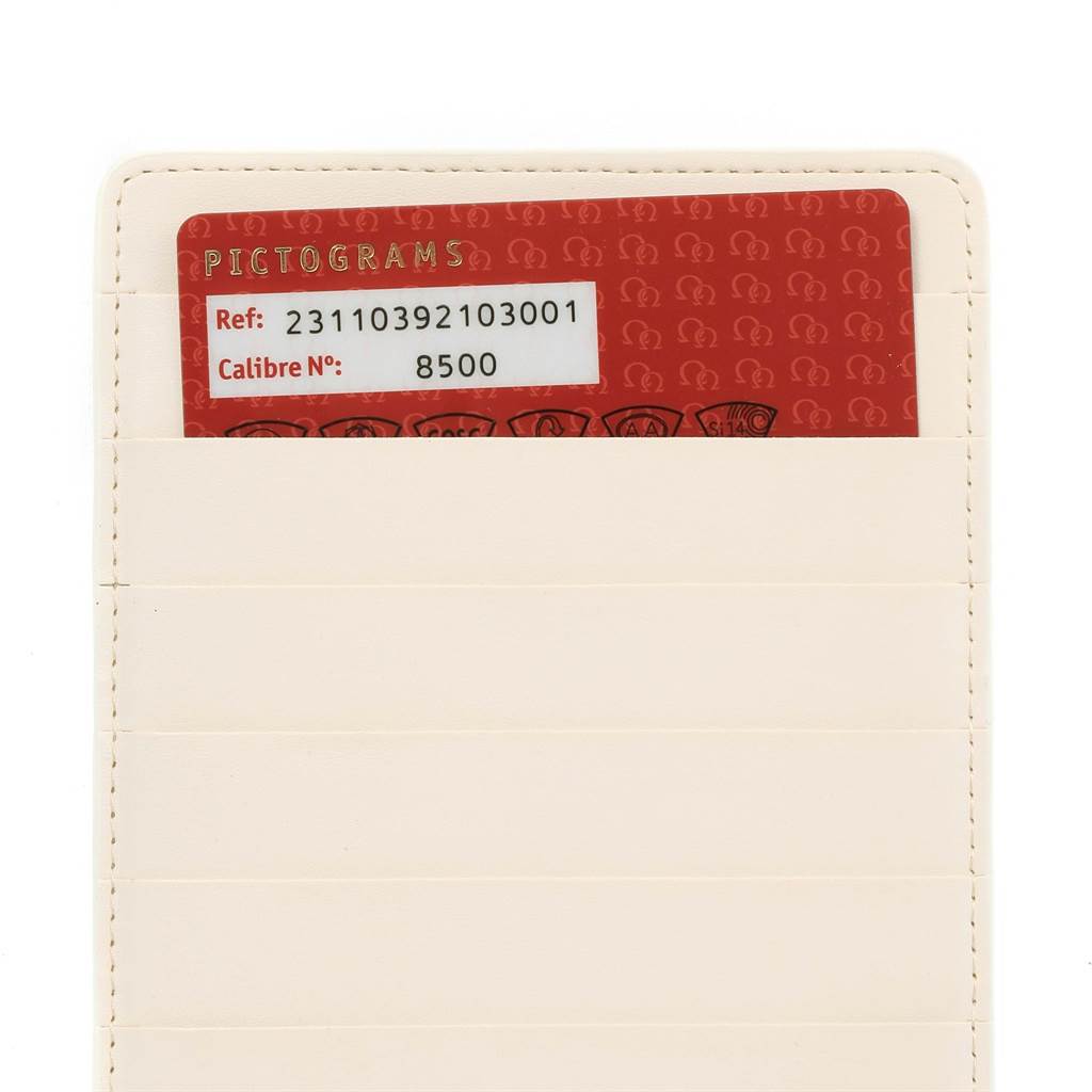 The image shows the warranty card for the Omega Aqua Terra 231.10.39.21.03.001 Men
s Stainless Steel Blue Dial 231.10.39.21.03.001 Men
s Stainless Steel Blue Dial model, including reference and caliber numbers.