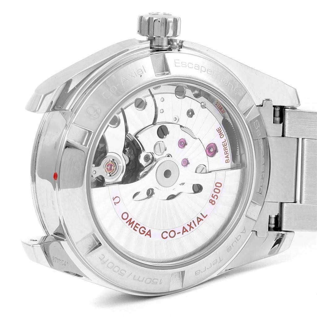 The image shows the open case back of an Omega Aqua Terra 231.10.39.21.03.001 Men
s Stainless Steel Blue Dial 231.10.39.21.03.001 Men
s Stainless Steel Blue Dial watch, revealing its Co-Axial 8500 movement.