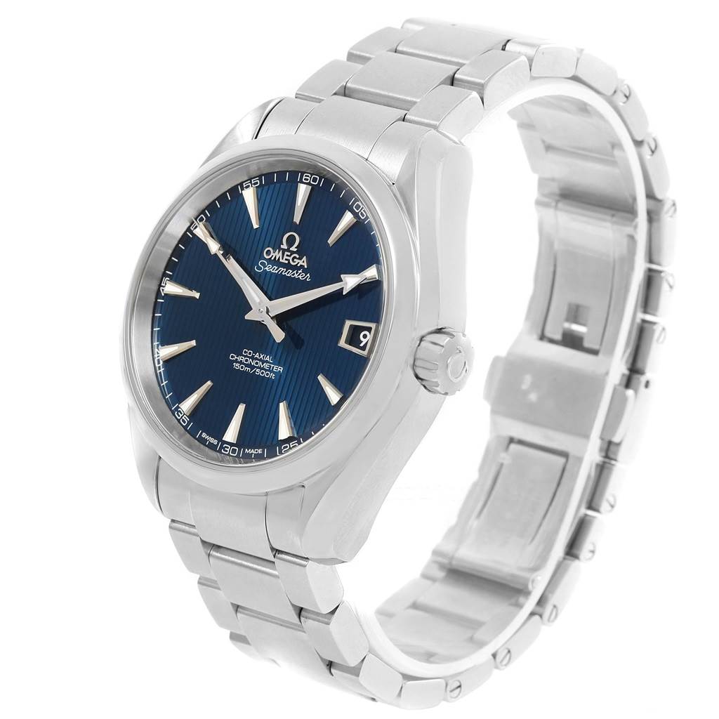 The Omega Aqua Terra 231.10.39.21.03.001 Men
s Stainless Steel Blue Dial 231.10.39.21.03.001 Men
s Stainless Steel Blue Dial watch is shown at an angled side-view, displaying the dial, bezel, crown, and bracelet.