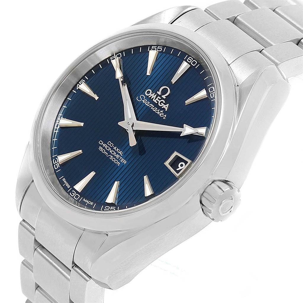 The Omega Aqua Terra 231.10.39.21.03.001 Men
s Stainless Steel Blue Dial 231.10.39.21.03.001 Men
s Stainless Steel Blue Dial watch is shown at a three-quarter angle, highlighting its blue dial, stainless steel case, and bracelet.