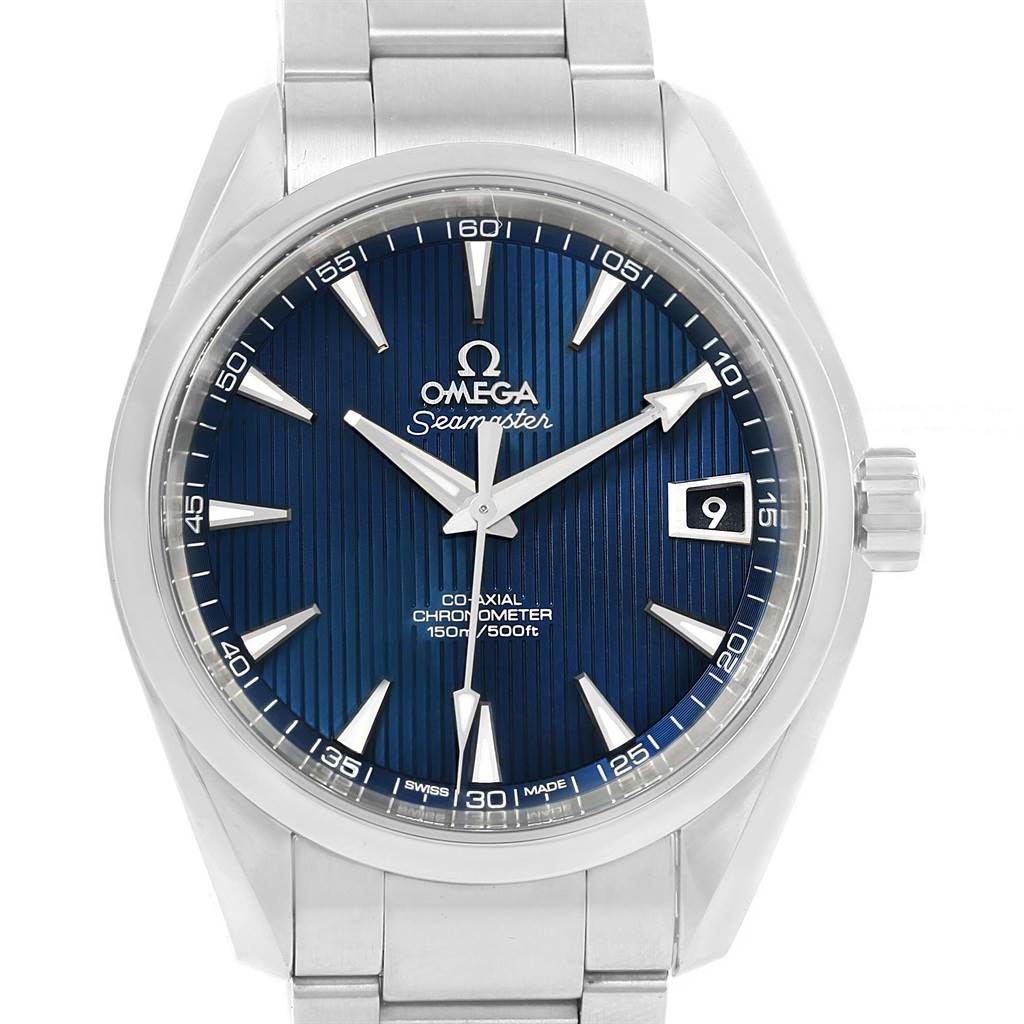 This is a front view of the Omega Seamaster Aqua Terra watch, displaying its blue dial, stainless steel case, and bracelet.