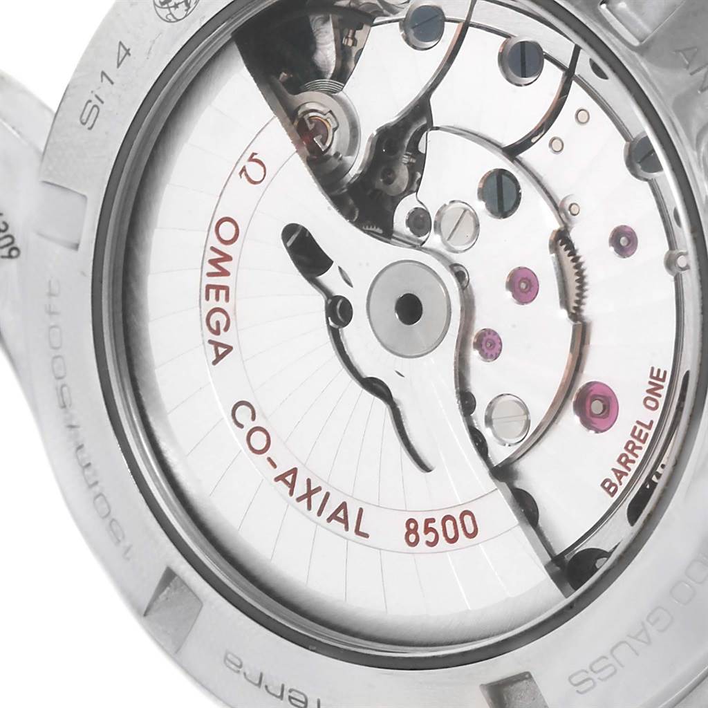 The image shows the movement of an Omega Aqua Terra 231.10.42.21.01.004 Men
s Stainless Steel Black Dial 231.10.42.21.01.004 Men
s Stainless Steel Black Dial watch, specifically highlighting the Co-Axial 8500 caliber mechanism.