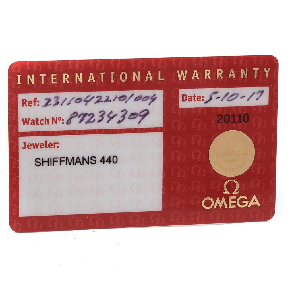 The image shows an international warranty card for the Omega Aqua Terra 231.10.42.21.01.004 Men
s Stainless Steel Black Dial 231.10.42.21.01.004 Men
s Stainless Steel Black Dial model watch.