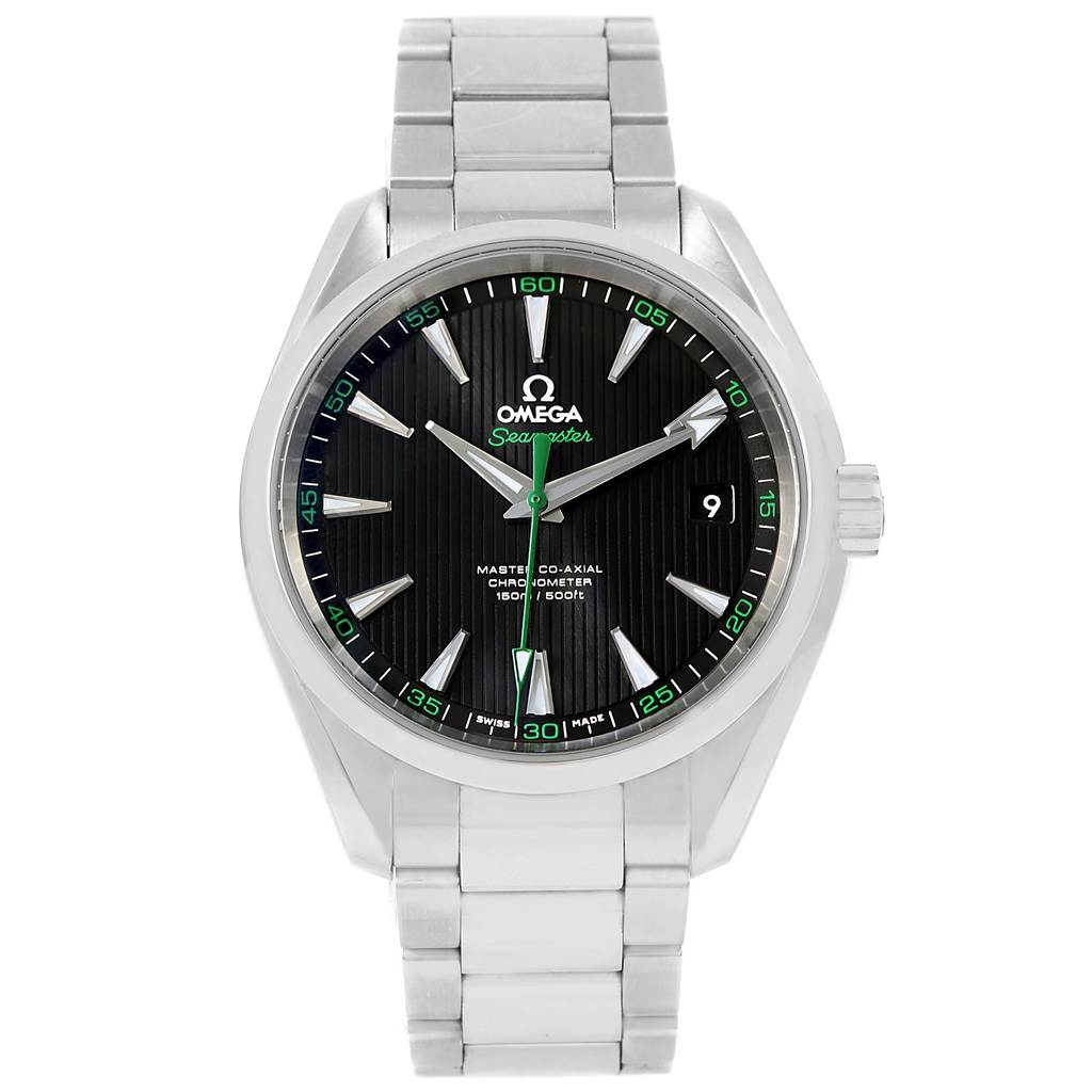 The image shows a front view of the Omega Seamaster Aqua Terra watch, highlighting its face, bezel, date window, and bracelet.