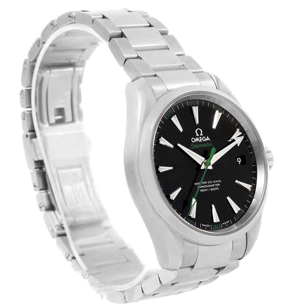 This image shows a side angle view of the Omega Aqua Terra 231.10.42.21.01.004 Men
s Stainless Steel Black Dial 231.10.42.21.01.004 Men
s Stainless Steel Black Dial watch, highlighting the bracelet, case, and dial.