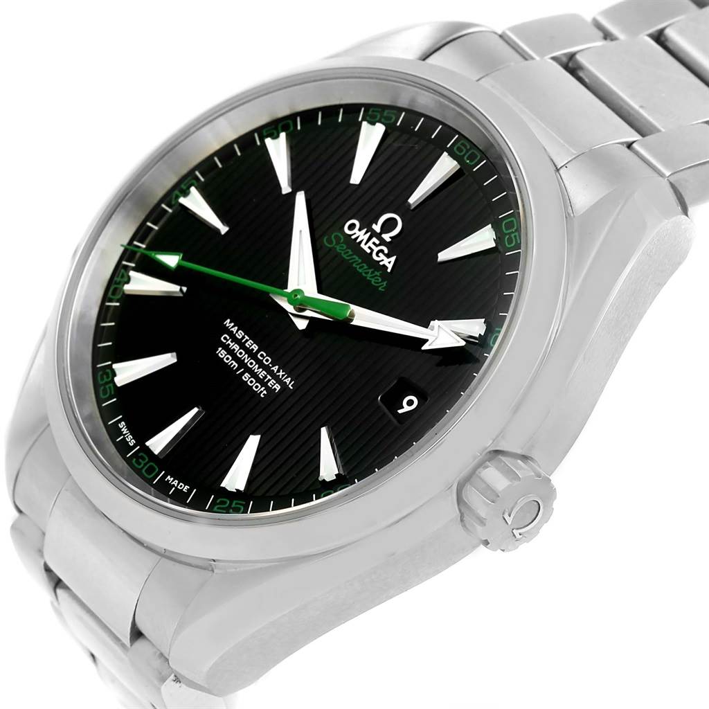 The Omega Aqua Terra 231.10.42.21.01.004 Men
s Stainless Steel Black Dial 231.10.42.21.01.004 Men
s Stainless Steel Black Dial watch is shown from an angled perspective, highlighting the face, crown, and part of the bracelet.