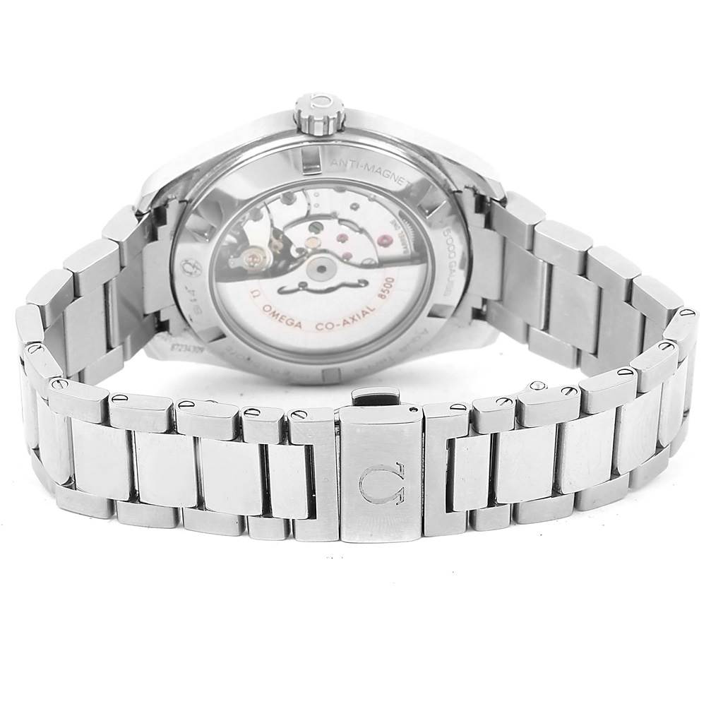 The image shows the back view of the Omega Aqua Terra 231.10.42.21.01.004 Men
s Stainless Steel Black Dial 231.10.42.21.01.004 Men
s Stainless Steel Black Dial watch, highlighting its open caseback and metal bracelet.