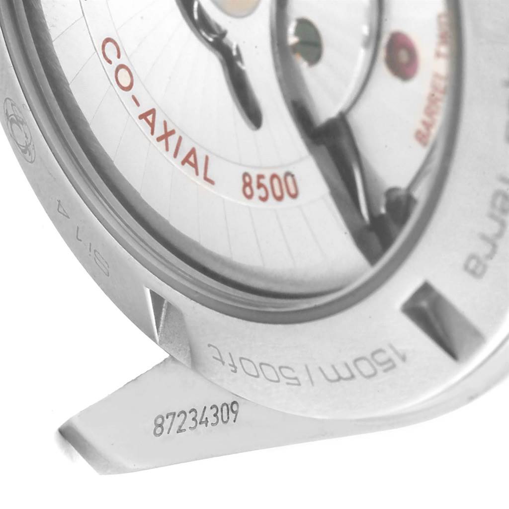 The image shows a close-up of the Omega Aqua Terra 231.10.42.21.01.004 Men
s Stainless Steel Black Dial 231.10.42.21.01.004 Men
s Stainless Steel Black Dial 150m/500ft watch
s case back, highlighting the co-axial movement with model number 8500.