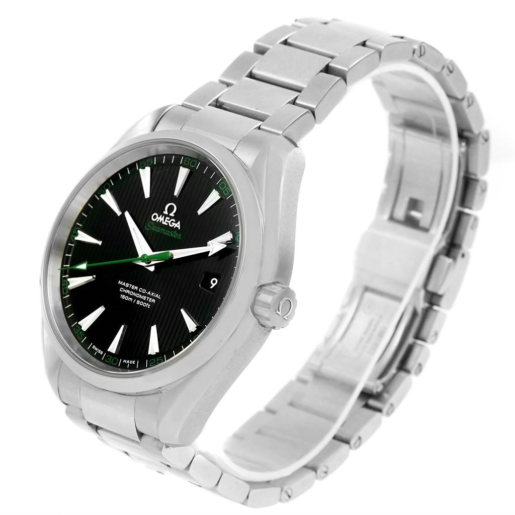 The image shows a three-quarter view of the Omega Aqua Terra 231.10.42.21.01.004 Men
s Stainless Steel Black Dial 231.10.42.21.01.004 Men
s Stainless Steel Black Dial watch, highlighting its face, dial, crown, and metal bracelet.