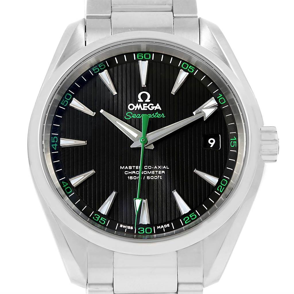 The image shows a front view of the Omega Aqua Terra 231.10.42.21.01.004 Men
s Stainless Steel Black Dial 231.10.42.21.01.004 Men
s Stainless Steel Black Dial watch, highlighting its black dial, green accents, and stainless steel bracelet.